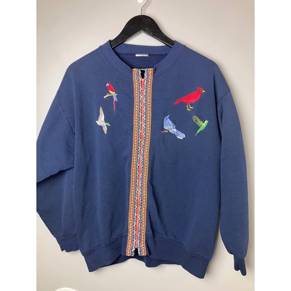 Vintage Navy Blue Embroidered Bird Full Zip Sweatshirt Geometric Trim Size L